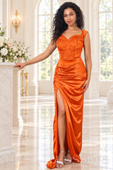 orange beaded satin off the shoulder sweetheart sheath evening gown high slit