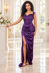 purple beaded satin off the shoulder sweetheart sheath evening gown high slit