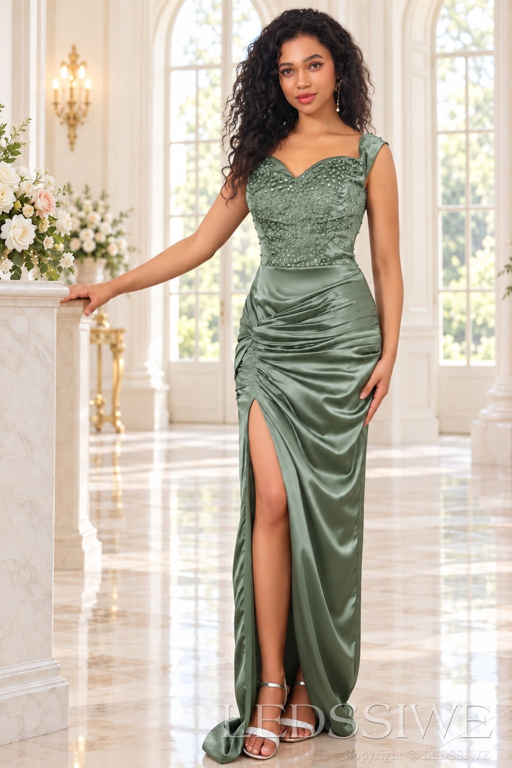 sage beaded satin off the shoulder sweetheart sheath evening gown high slit