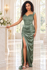 sage beaded satin off the shoulder sweetheart sheath evening gown high slit