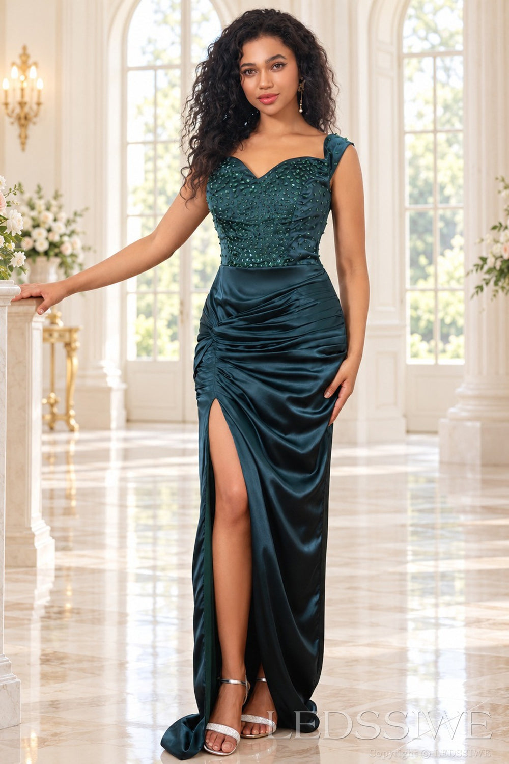 Teal beaded satin off the shoulder sweetheart sheath evening gown slit front