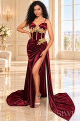 burgundy satin spaghetti strap sweetheart mermaid gown gold floral applique high slit