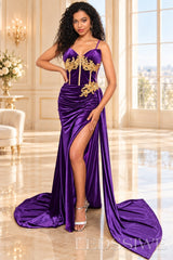 purple satin spaghetti strap sweetheart mermaid gown gold floral applique high slit