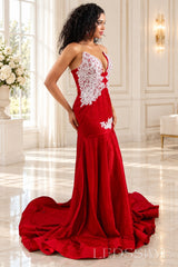 Red glitter lace applique mermaid evening gown side back chapel train