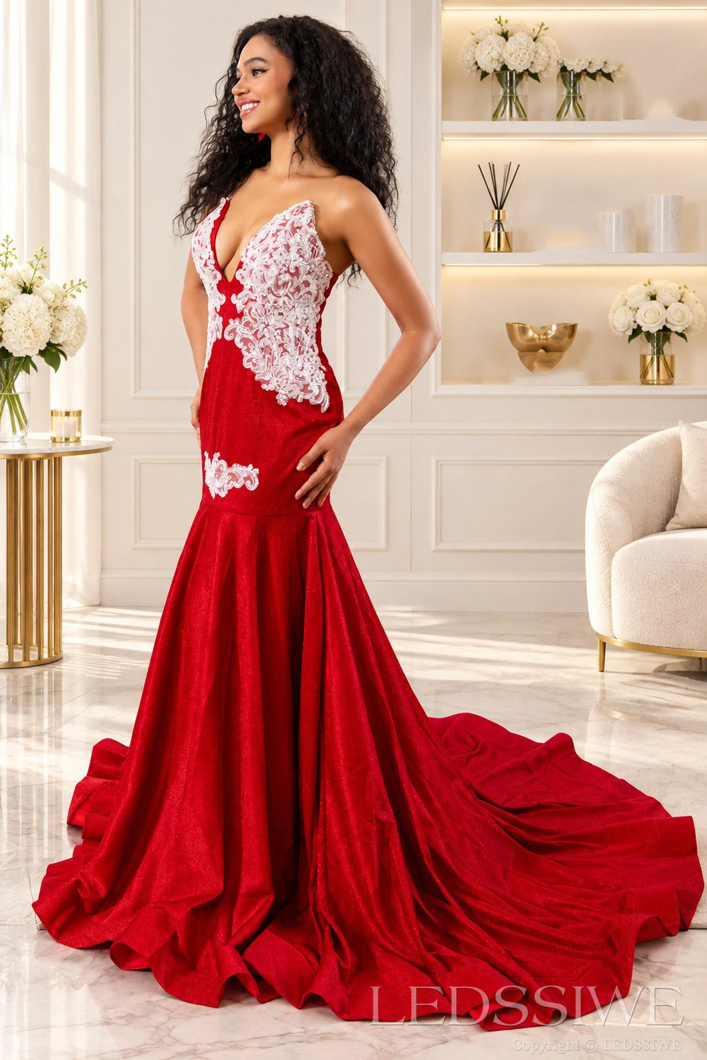 Strapless Sweetheart Lace Applique Glitter Mermaid Prom Gown
