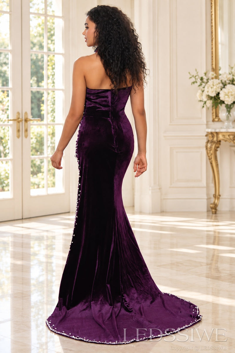 Grape velvet mermaid evening gown lace-up tie back train