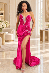hot pink velvet strapless sweetheart beaded mermaid prom gown high slit