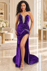 purple velvet strapless sweetheart beaded mermaid prom gown high slit