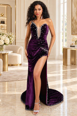 Grape velvet beaded mermaid prom gown strapless sweetheart slit front