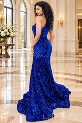 Royal blue sequin one shoulder mermaid evening gown back train