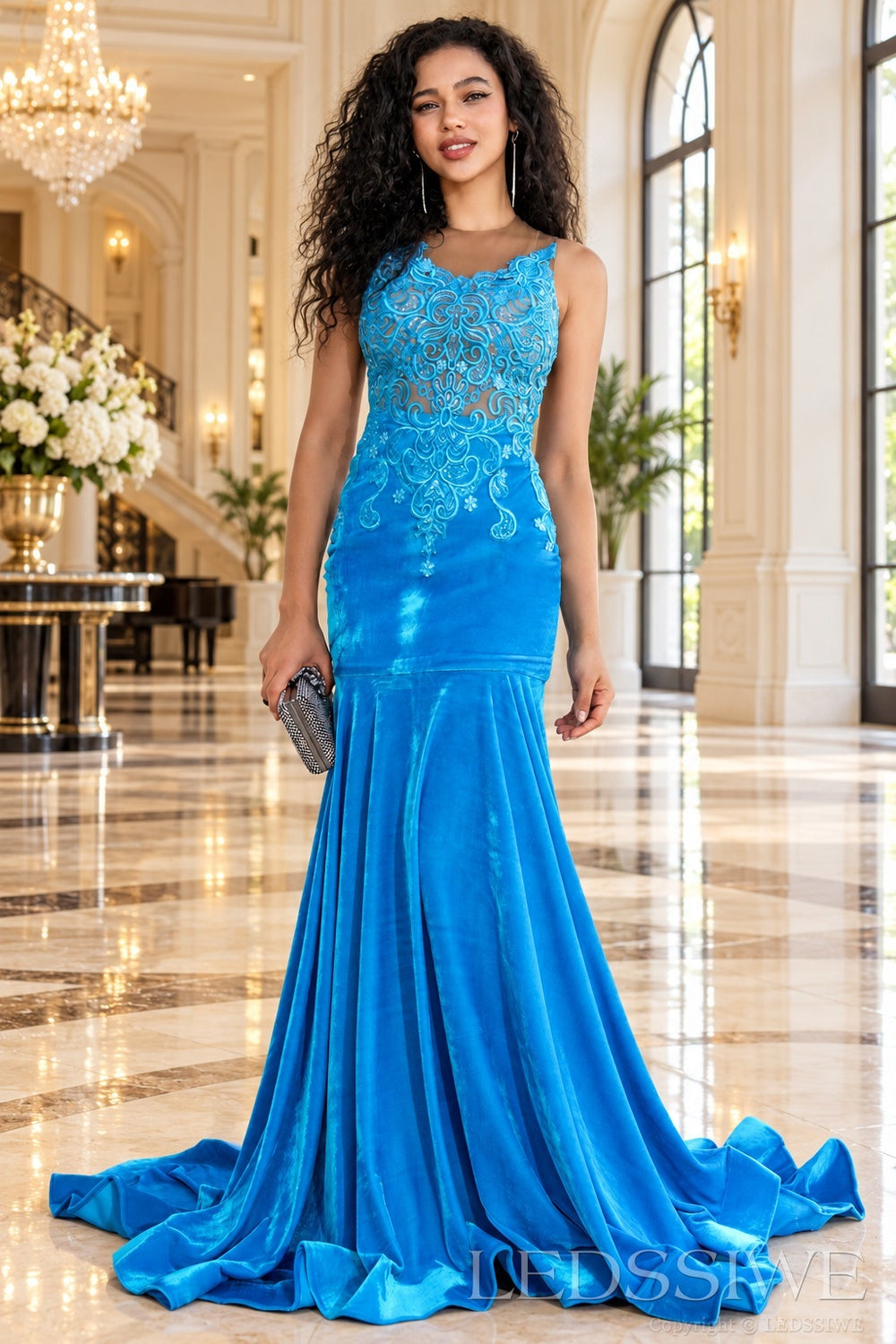 Ocean blue velvet mermaid prom gown illusion lace applique bodice front