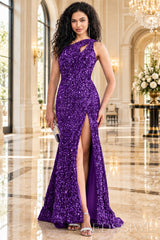 Purple one shoulder sequin mermaid prom gown high slit