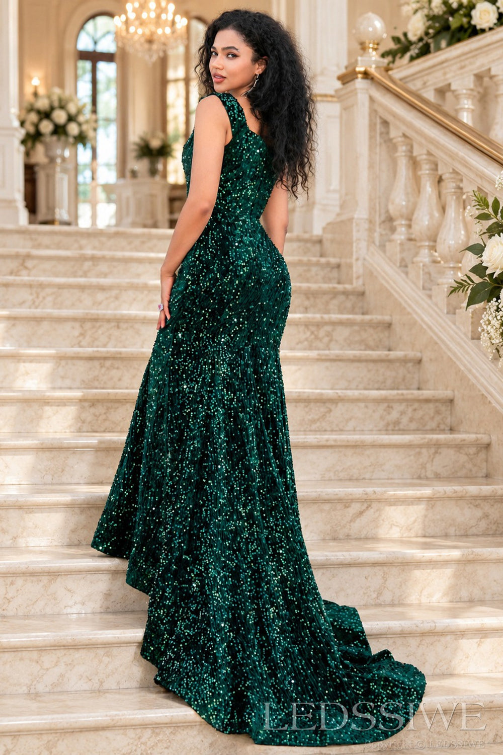 Grape sequined velvet mermaid evening gown lace up back