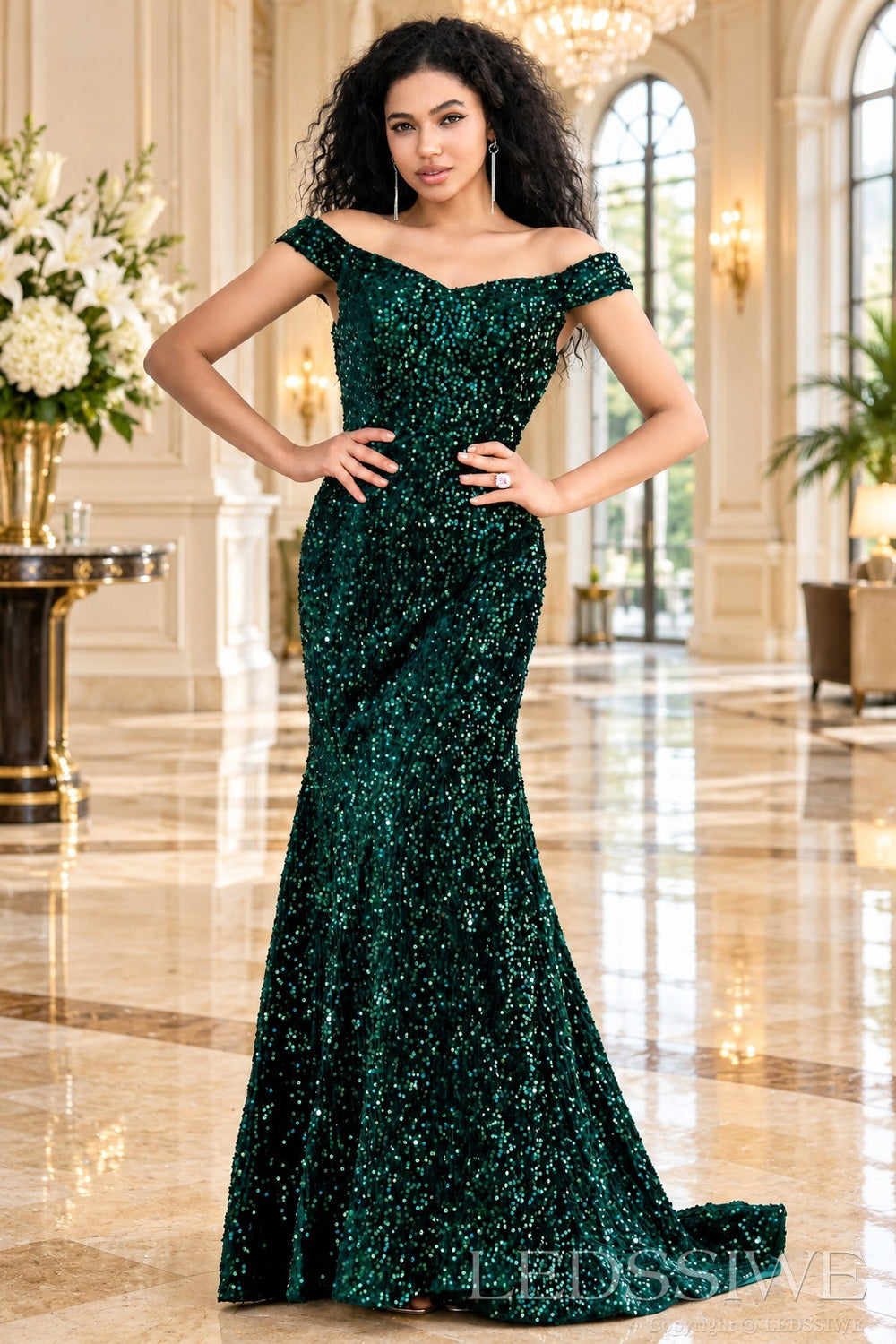 Grape off the shoulder sequined velvet mermaid prom gown front