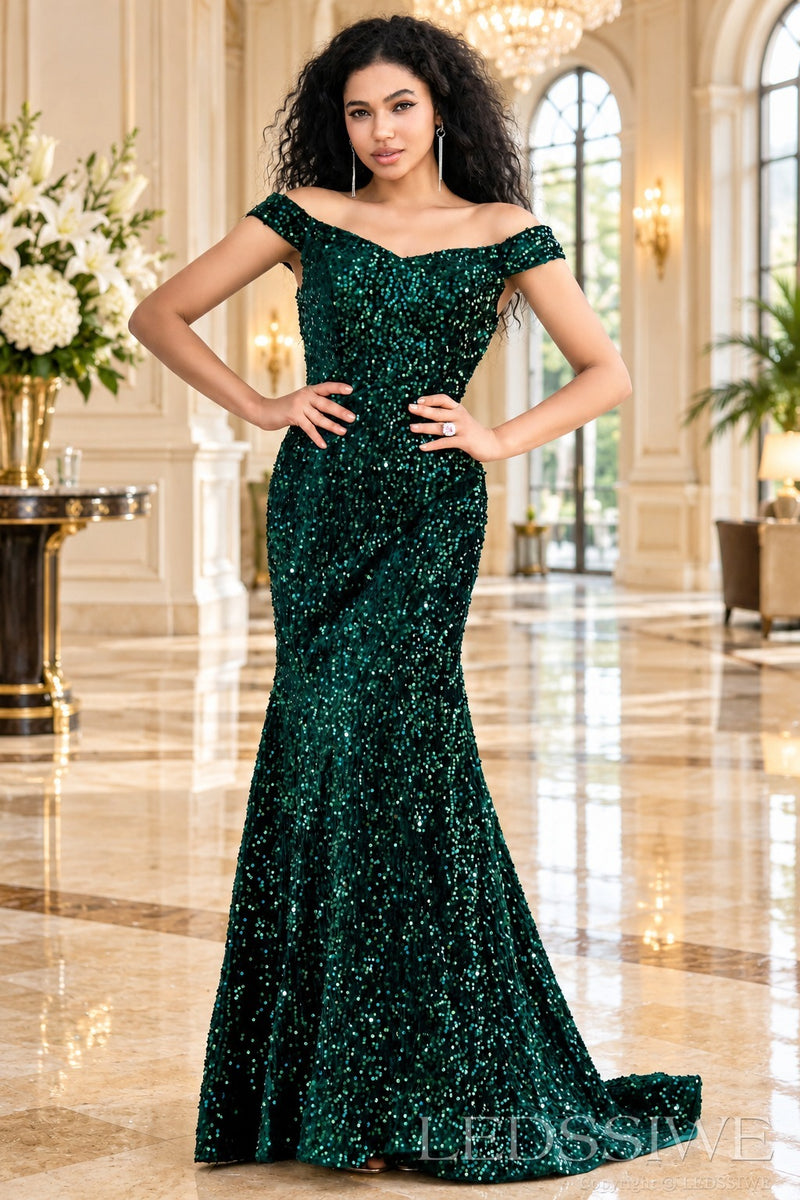 Grape off the shoulder sequined velvet mermaid prom gown front