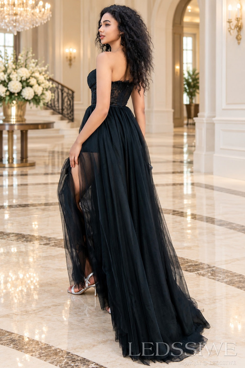 Black lace corset tulle A-line evening gown back
