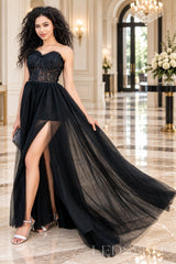 Black strapless sweetheart tulle prom gown flowy skirt