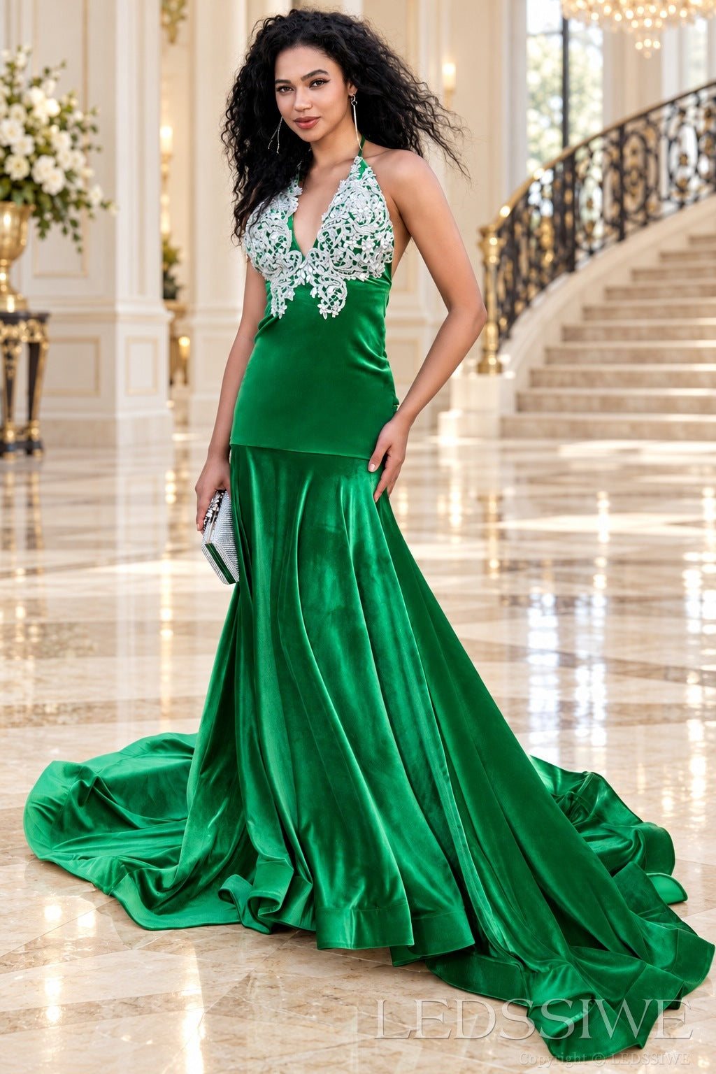 Kelly green velvet halter deep V mermaid prom gown white lace applique front