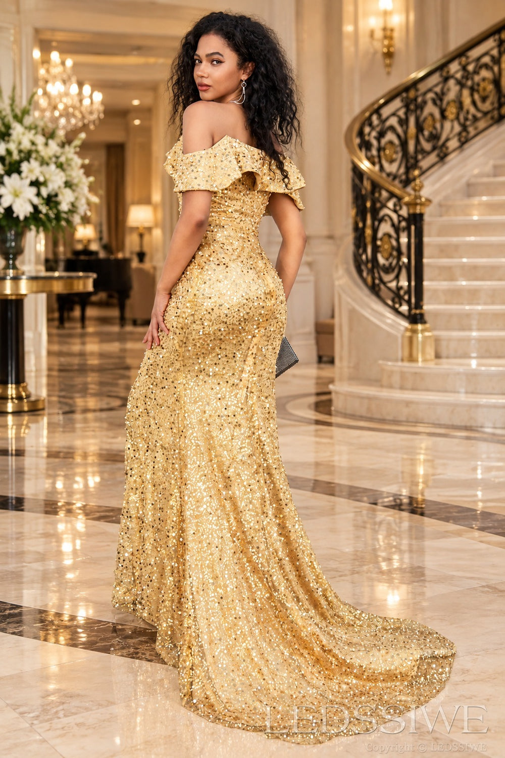 Gold sequin mermaid evening gown open zipper back sweep train