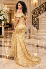 Gold sequin mermaid evening gown open zipper back sweep train