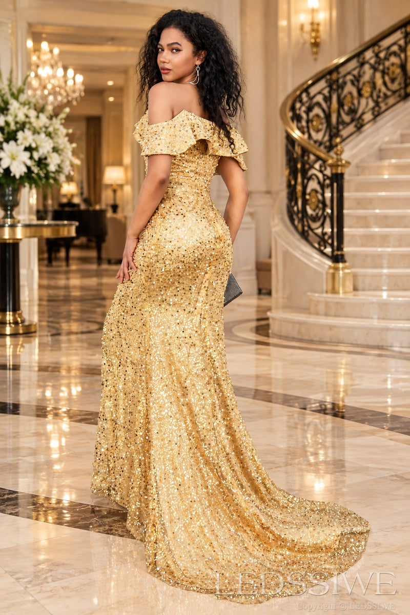 Gold sequin mermaid evening gown open zipper back sweep train