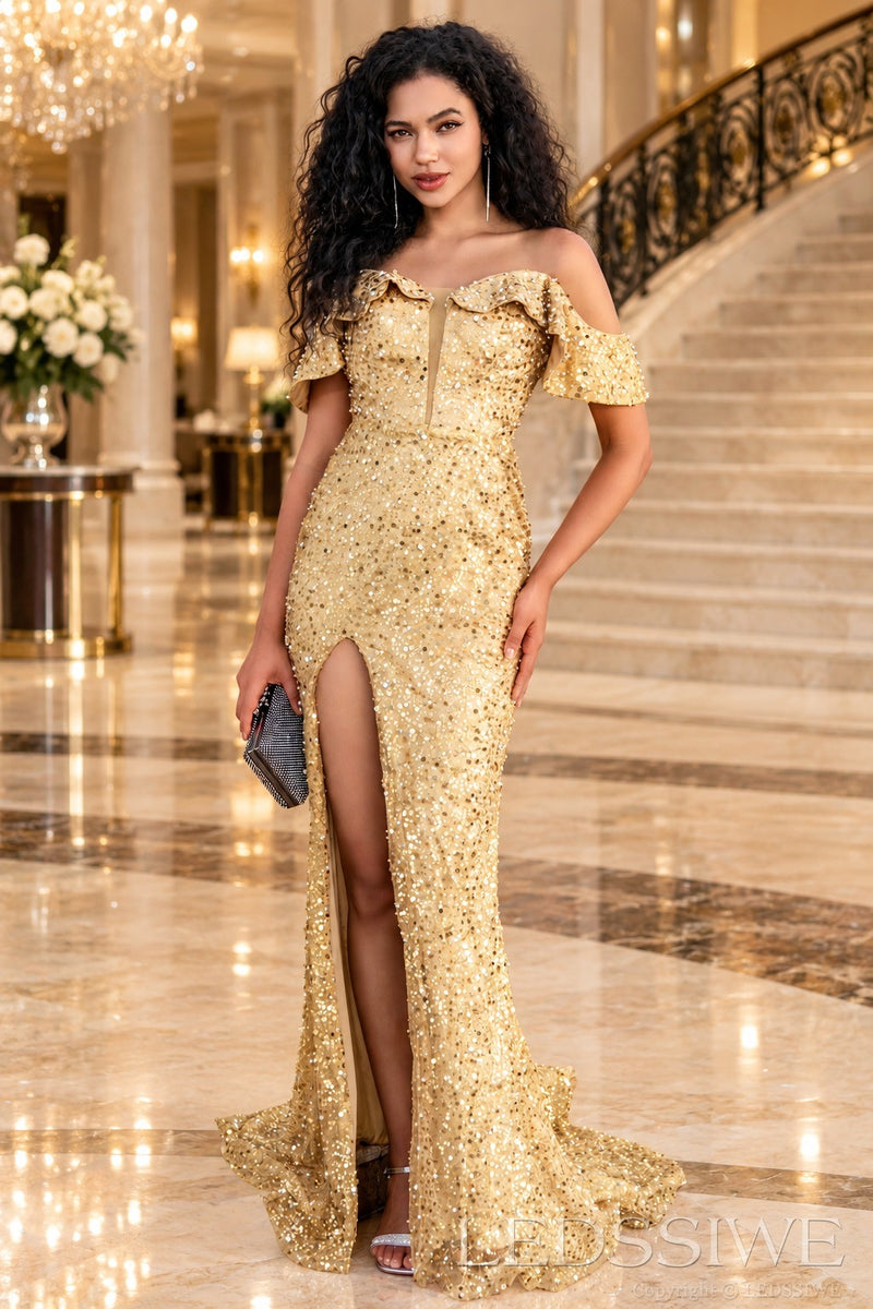 Gold sequin ruffled off the shoulder mermaid prom gown illusion plunge front
