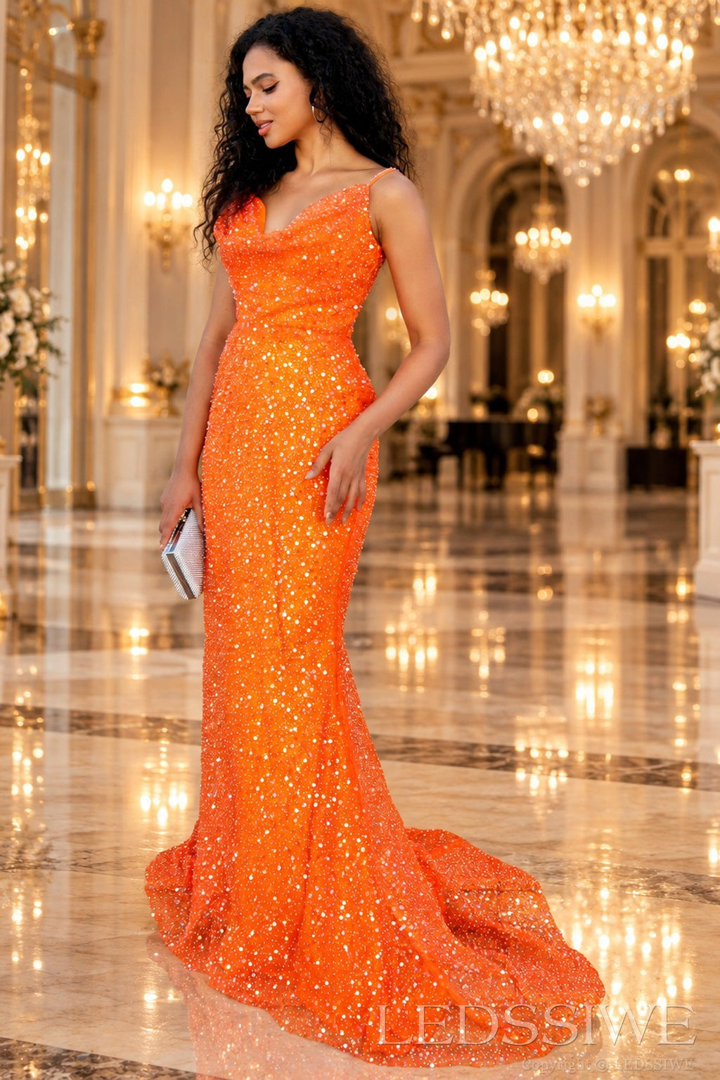 Bright orange cowl neck sequin prom gown fitted side