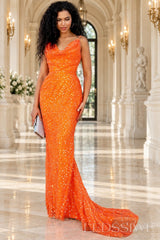 Orange sequin spaghetti strap cowl neck mermaid prom gown front