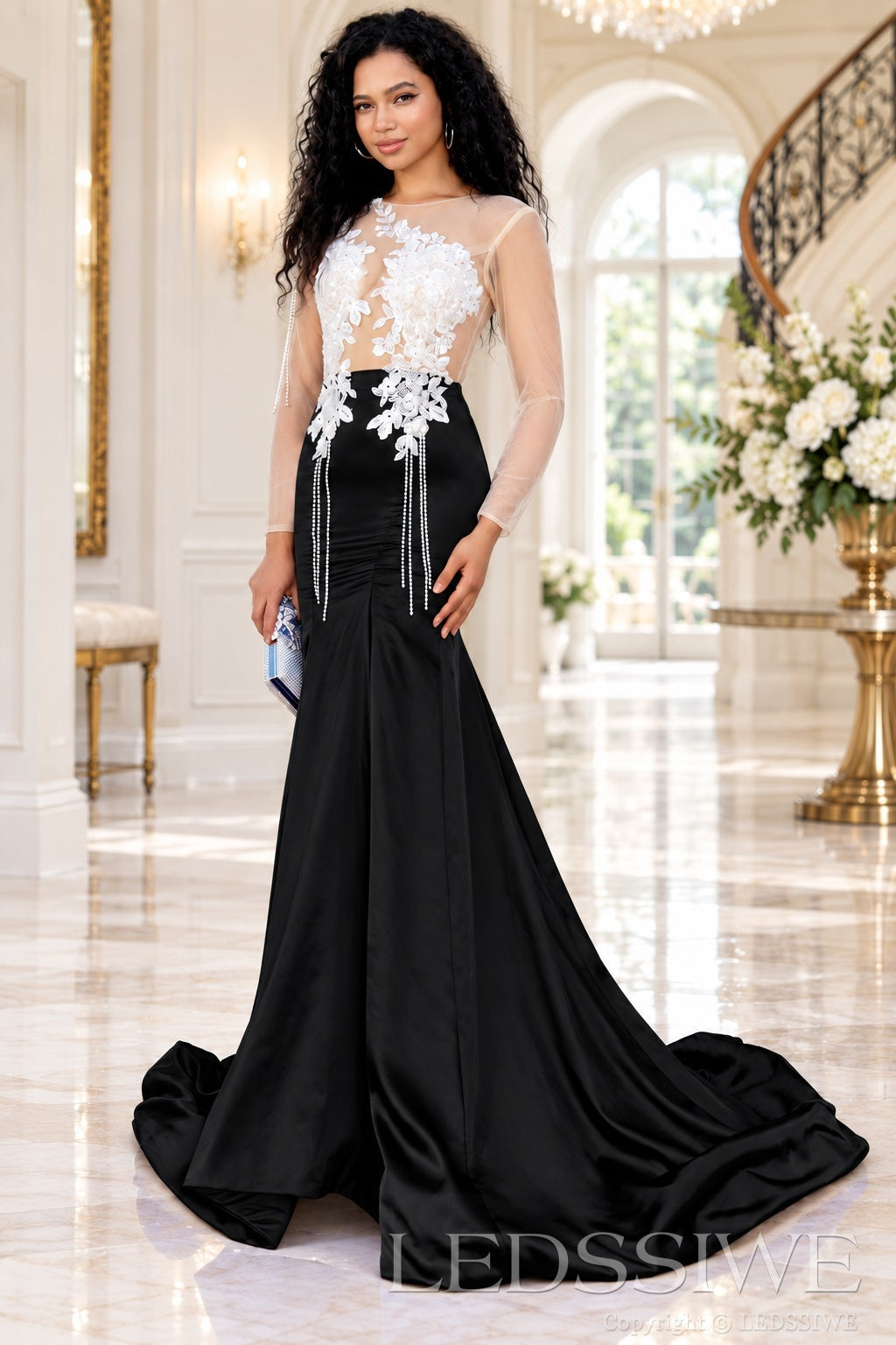 black satin long sleeve illusion mermaid gown white lace applique pearl fringe chapel train