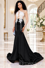 black satin long sleeve illusion mermaid gown white lace applique pearl fringe chapel train