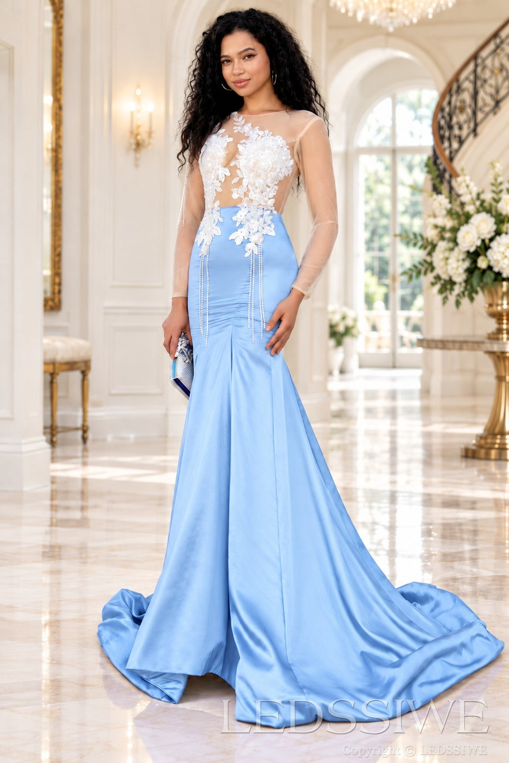 blue satin long sleeve illusion mermaid gown white lace applique pearl fringe chapel train