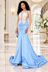 blue satin long sleeve illusion mermaid gown white lace applique pearl fringe chapel train