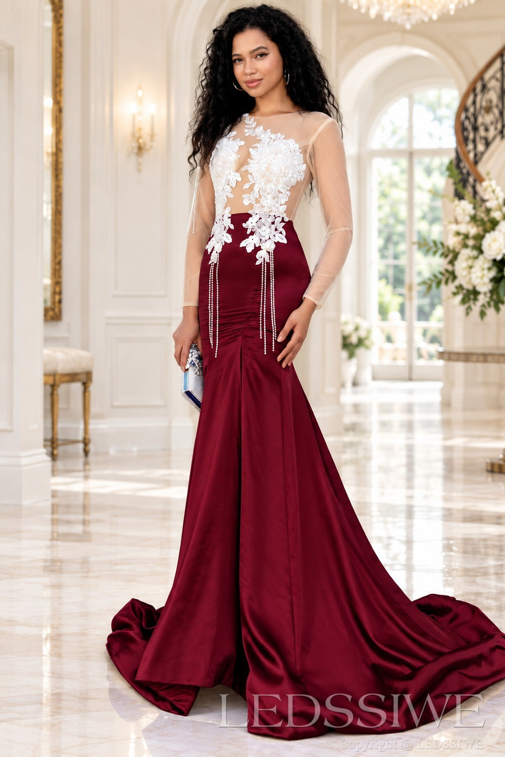 burgundy satin long sleeve illusion mermaid gown white lace applique pearl fringe chapel train