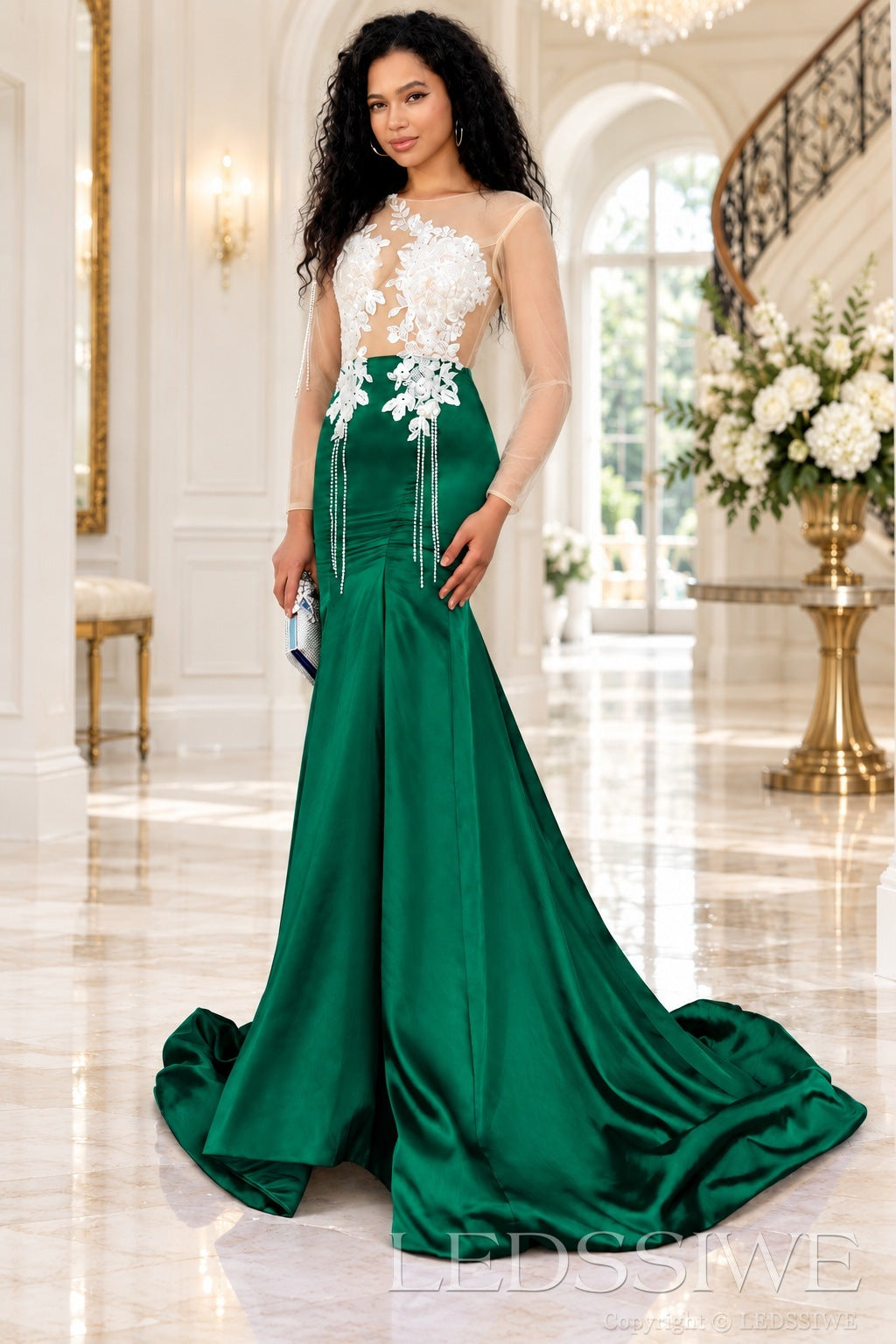 emerald satin long sleeve illusion mermaid gown white lace applique pearl fringe chapel train