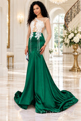 emerald satin long sleeve illusion mermaid gown white lace applique pearl fringe chapel train