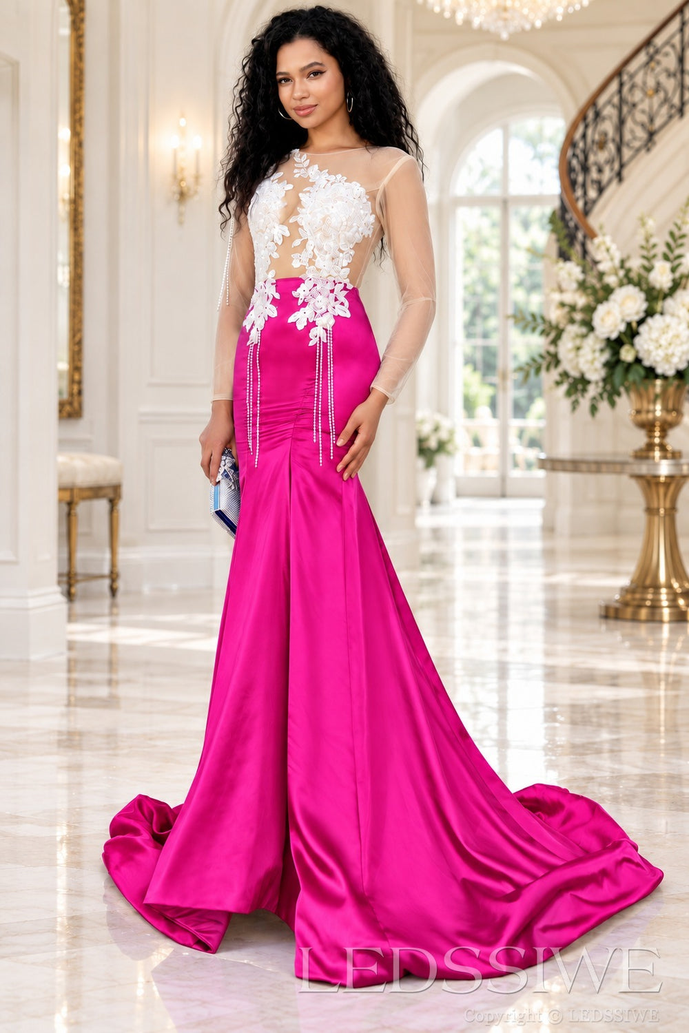 fuchsia satin long sleeve illusion mermaid gown white lace applique pearl fringe chapel train