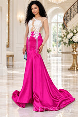 fuchsia satin long sleeve illusion mermaid gown white lace applique pearl fringe chapel train