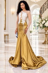 gold satin long sleeve illusion mermaid gown white lace applique pearl fringe chapel train
