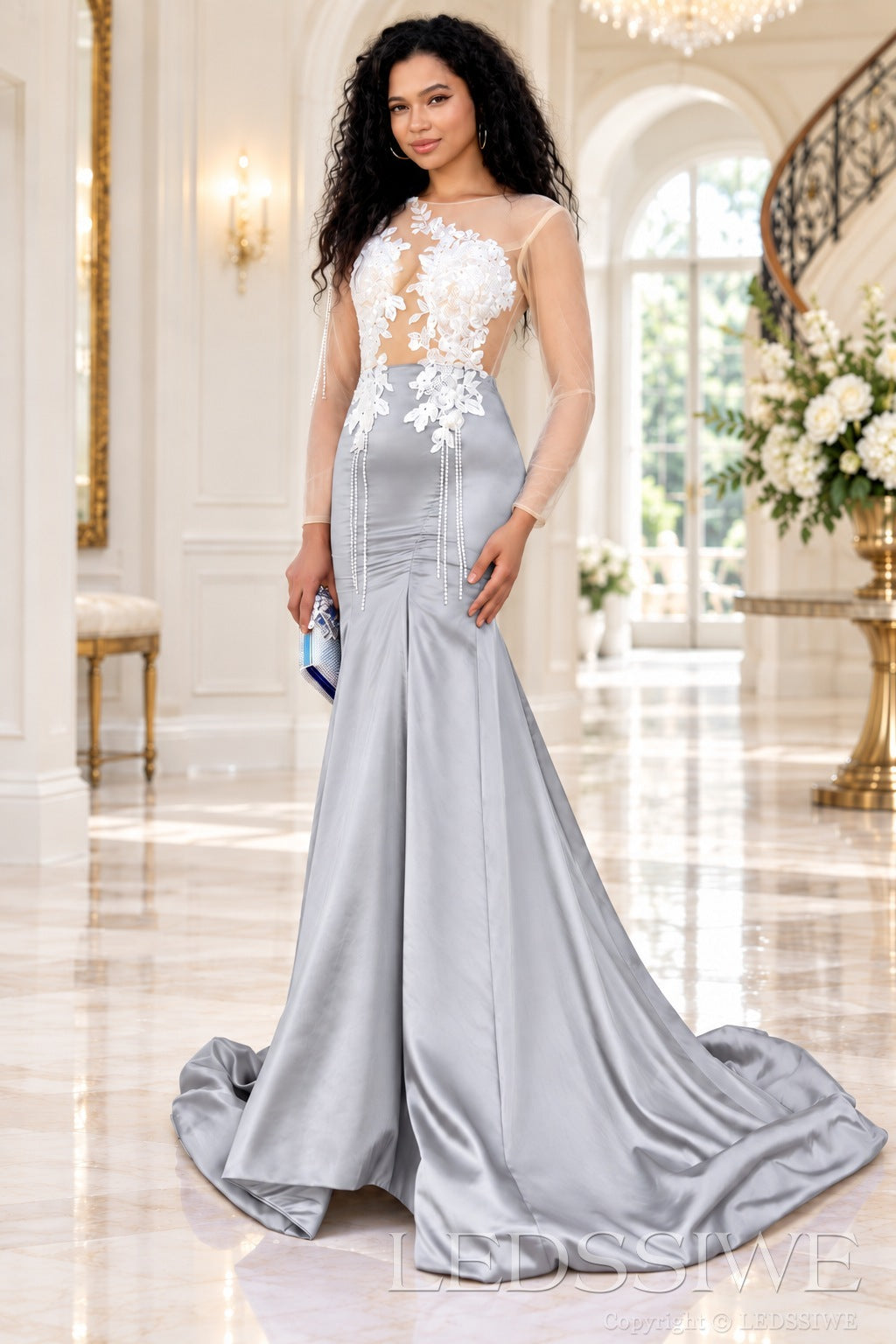 grey satin long sleeve illusion mermaid gown white lace applique pearl fringe chapel train