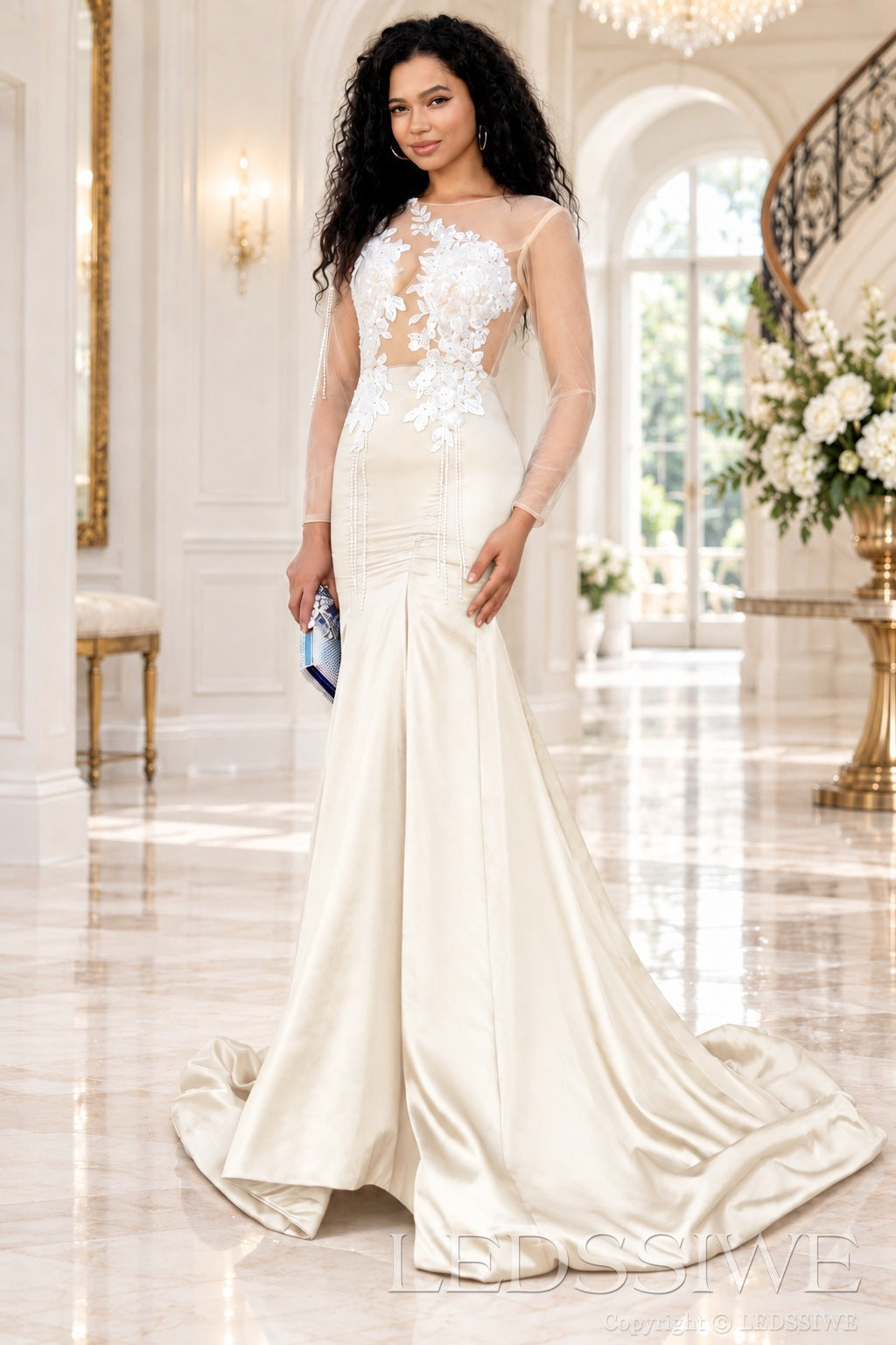 ivory satin long sleeve illusion mermaid gown white lace applique pearl fringe chapel train
