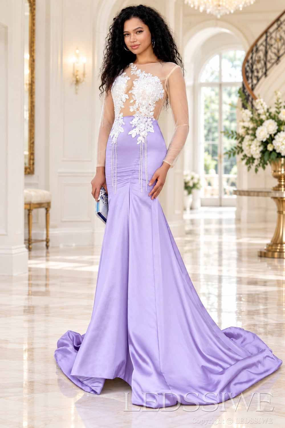 lavender satin long sleeve illusion mermaid gown white lace applique pearl fringe chapel train
