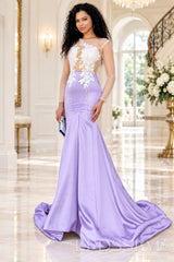 lavender satin long sleeve illusion mermaid gown white lace applique pearl fringe chapel train