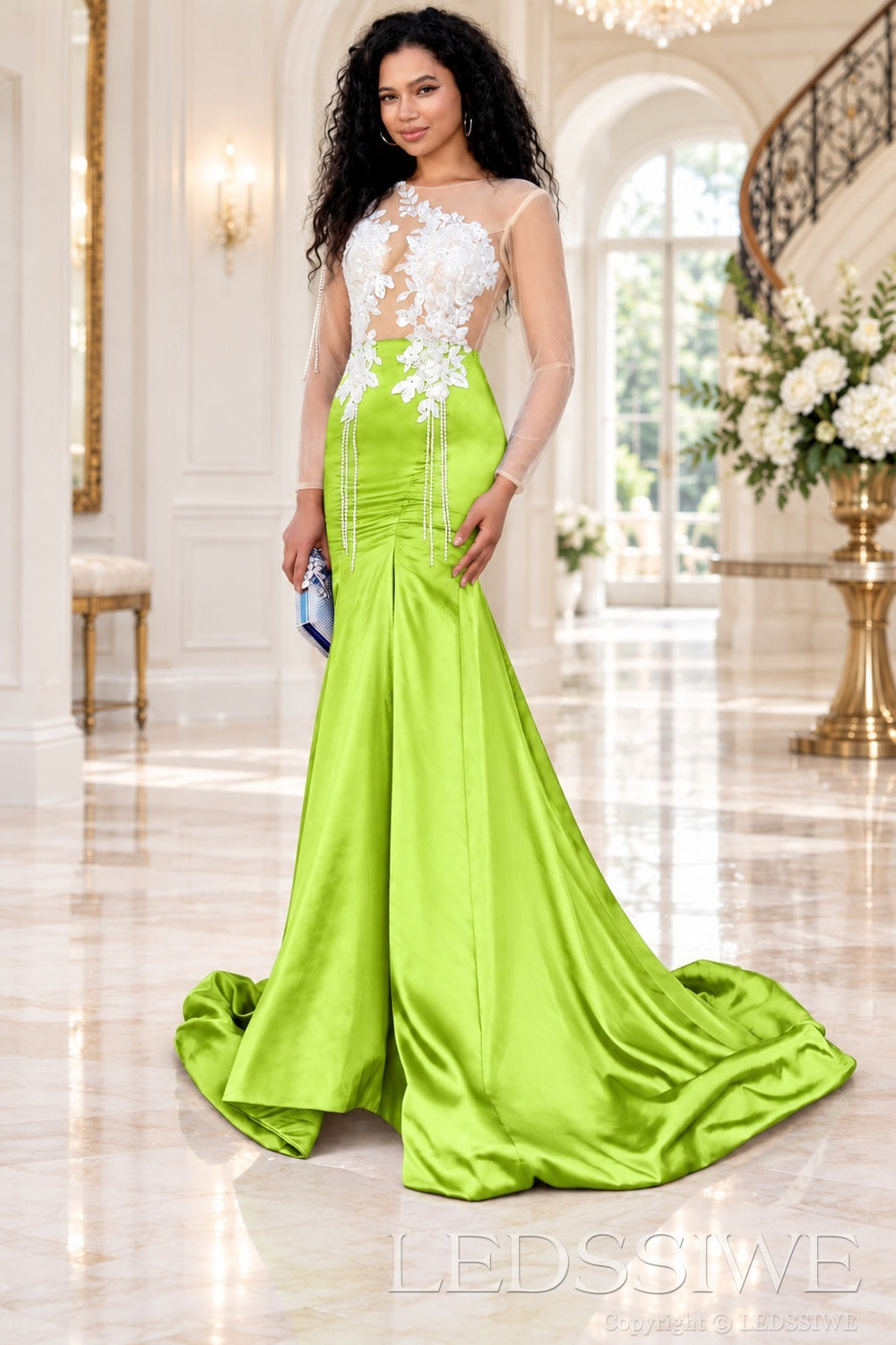 lime green satin long sleeve illusion mermaid gown white lace applique pearl fringe chapel train