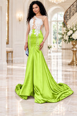 lime green satin long sleeve illusion mermaid gown white lace applique pearl fringe chapel train