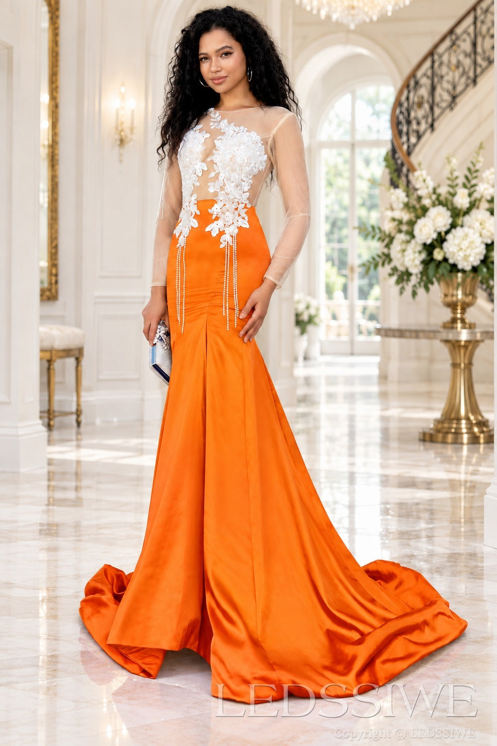 orange satin long sleeve illusion mermaid gown white lace applique pearl fringe chapel train
