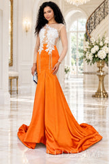 orange satin long sleeve illusion mermaid gown white lace applique pearl fringe chapel train
