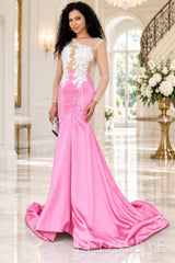 pink satin long sleeve illusion mermaid gown white lace applique pearl fringe chapel train