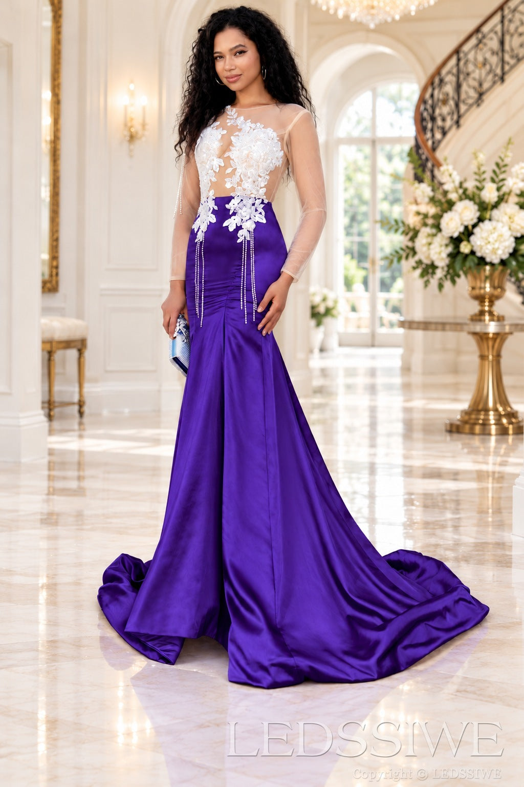 purple satin long sleeve illusion mermaid gown white lace applique pearl fringe chapel train