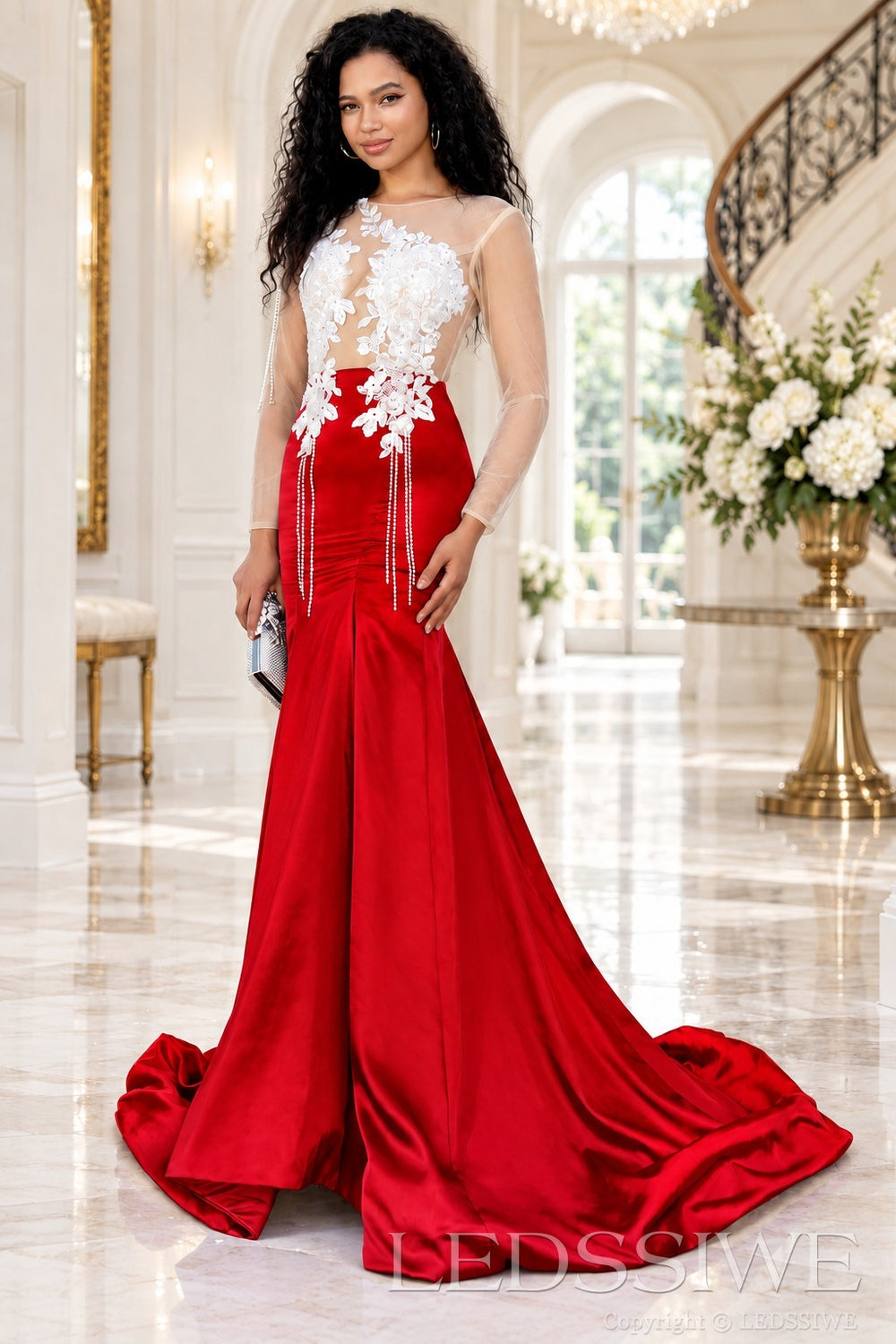 red satin long sleeve illusion mermaid gown white lace applique pearl fringe chapel train