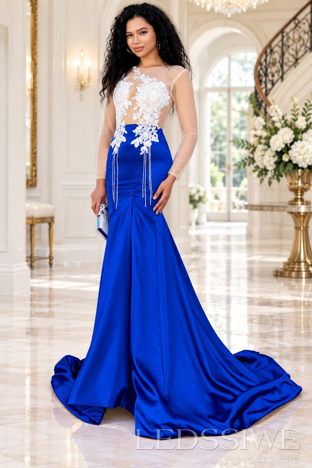 royal blue satin long sleeve illusion mermaid gown white lace applique pearl fringe chapel train